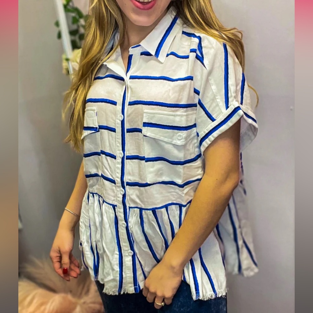 Blue and White Striped Button Down Short Sleeve Top